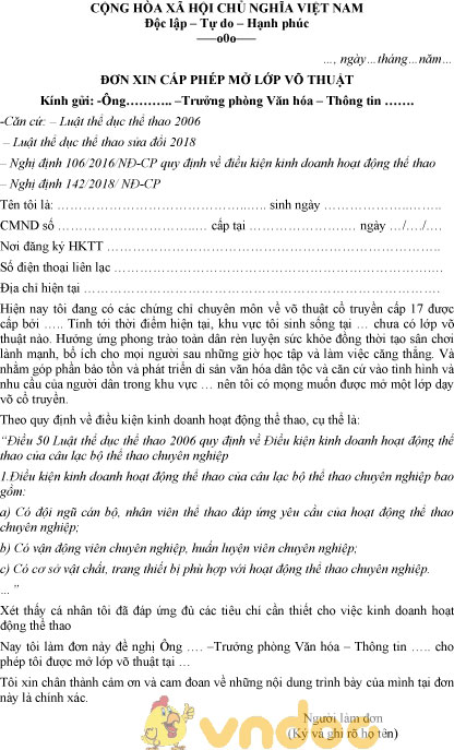 Mẫu đơn xin cấp phép mở lớp võ thuật