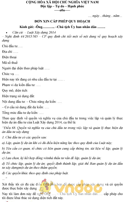 Mẫu đơn xin cấp phép quy hoạch