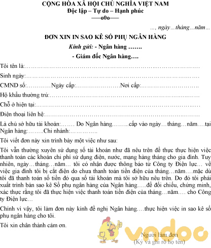 Mẫu đơn xin in sao kê sổ phụ ngân hàng