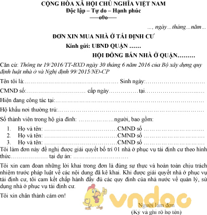 Mẫu đơn xin mua nhà ở tái định cư
