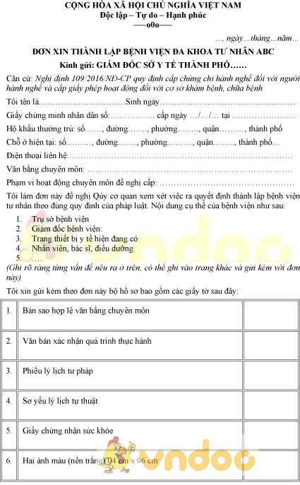 Mẫu đơn xin thành lập bệnh viện