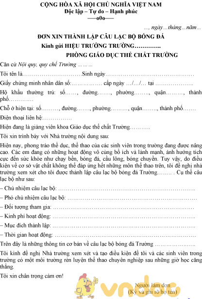 Mẫu đơn xin thành lập câu lạc bộ bóng đá