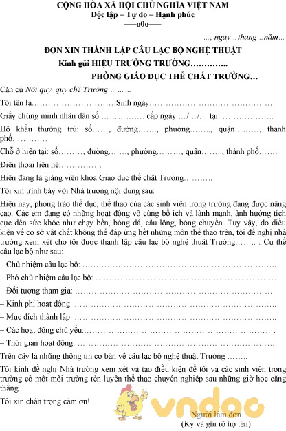 Mẫu đơn xin thành lập câu lạc bộ nghệ thuật