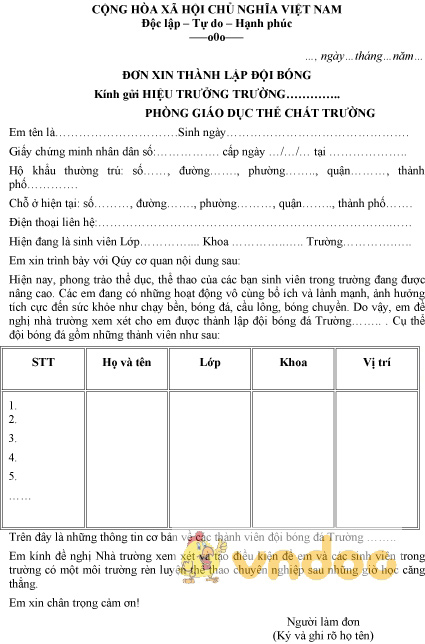 Mẫu đơn xin thành lập đội bóng