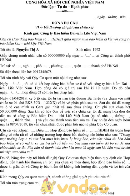 Mẫu đơn yêu cầu bồi thường chi phí sửa chữa xe