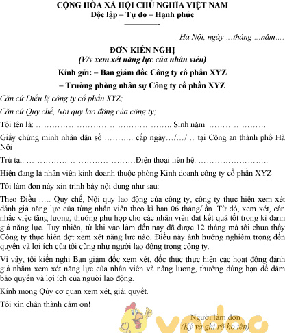 Mẫu đơn kiến nghị xem xét năng lực của nhân viên