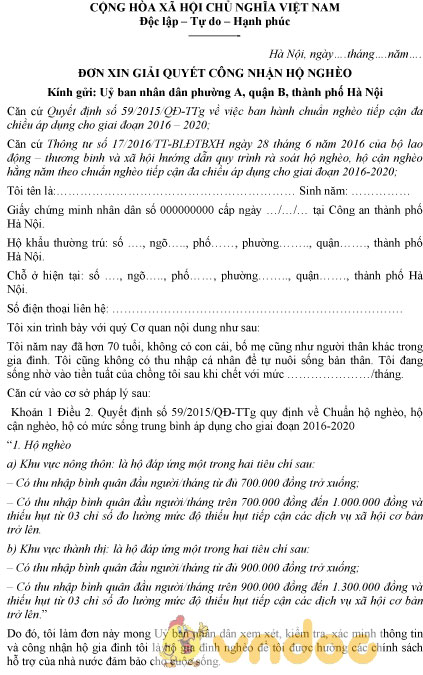 Mẫu đơn xin giải quyết công nhận hộ nghèo