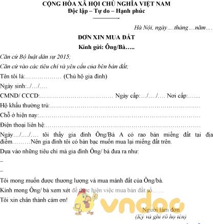 Mẫu đơn xin mua đất