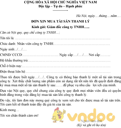 Mẫu đơn xin mua tài sản thanh lý