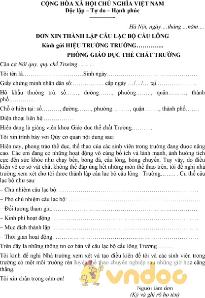 Mẫu đơn xin thành lập câu lạc bộ cầu lông