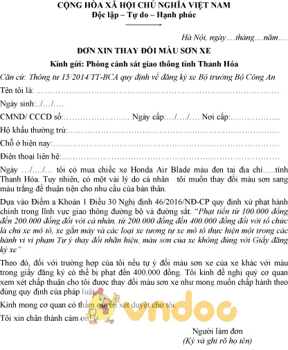 Mẫu đơn xin thay đổi màu sơn xe