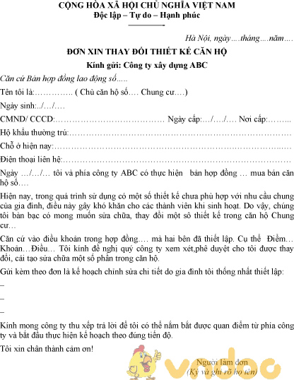 Mẫu đơn xin thay đổi thiết kế căn hộ