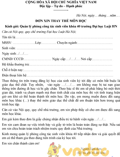 Mẫu đơn xin thay thế môn học