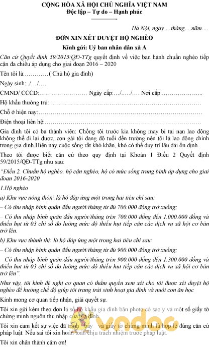 Mẫu đơn xin xét duyệt hộ nghèo