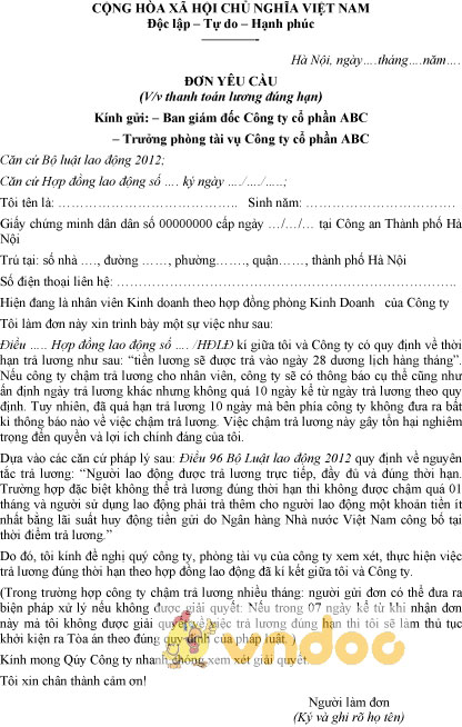 Mẫu đơn yêu cầu thanh toán lương đúng hạn