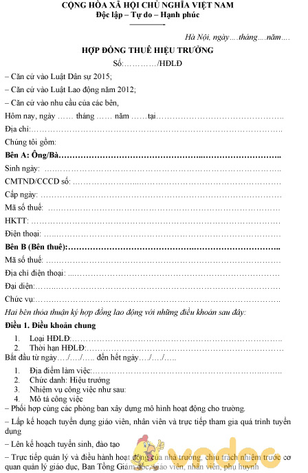 Mẫu hợp đồng thuê hiệu trưởng