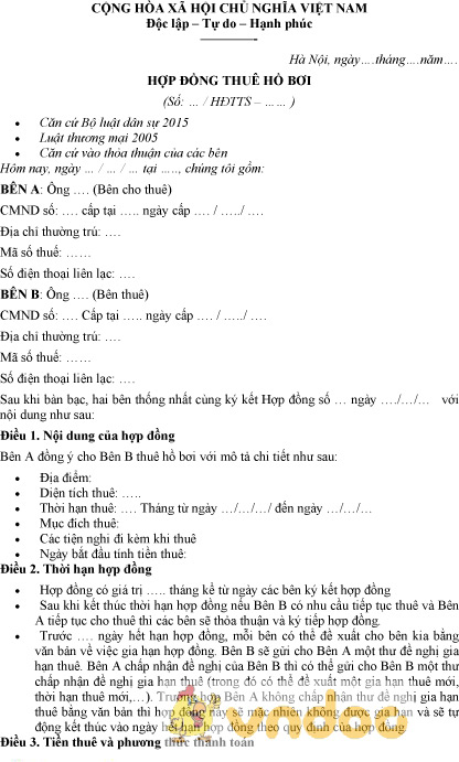 Mẫu hợp đồng thuê hồ bơi