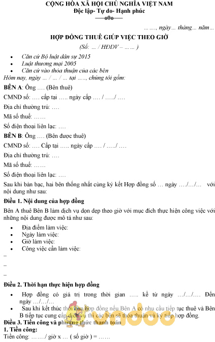 Mẫu hợp đồng thuê giúp việc theo giờ