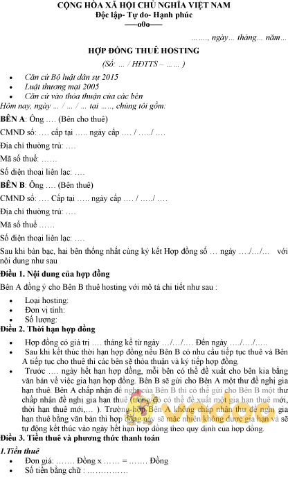 Mẫu hợp đồng thuê hosting