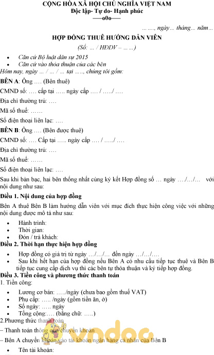 Mẫu hợp đồng thuê hướng dẫn viên