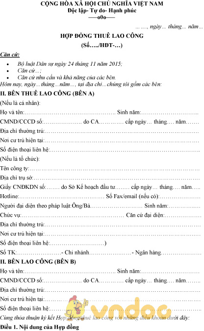 Mẫu hợp đồng thuê lao công