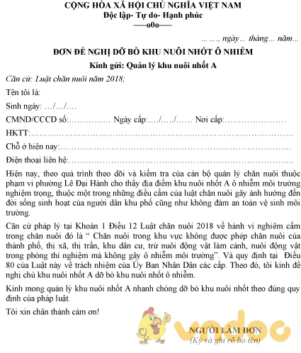 Mẫu đơn đề nghị dỡ bỏ khu nuôi nhốt ô nhiễm