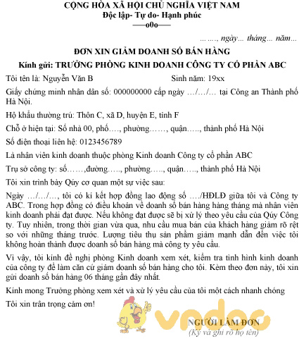 Mẫu đơn xin giảm doanh số bán hàng