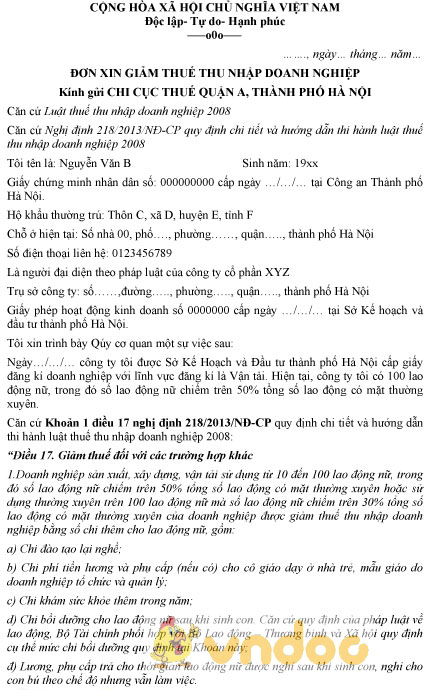 Mẫu đơn xin giảm thuế thu nhập doanh nghiệp