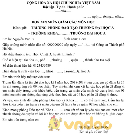 Mẫu đơn xin miễn giảm các môn học