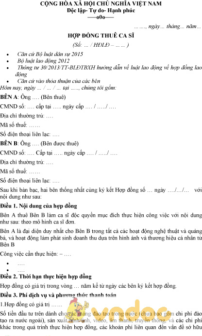 Mẫu hợp đồng thuê ca sĩ