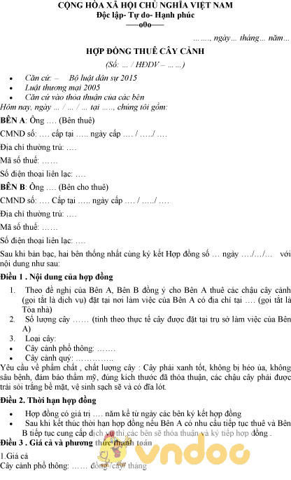 Mẫu hợp đồng thuê cây cảnh