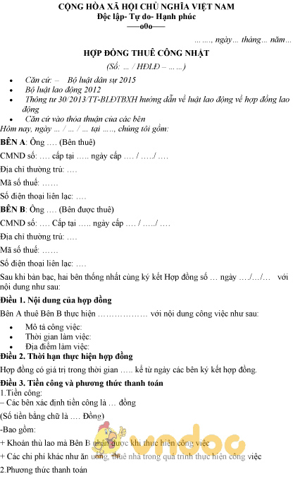 Mẫu hợp đồng thuê công nhật