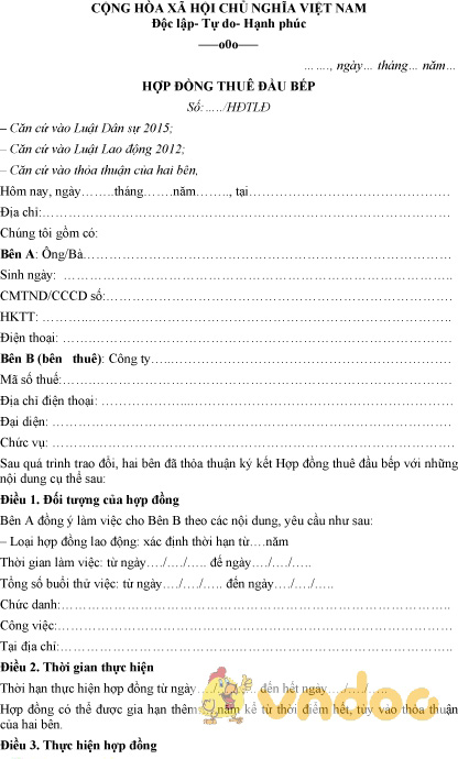 Mẫu hợp đồng thuê đầu bếp