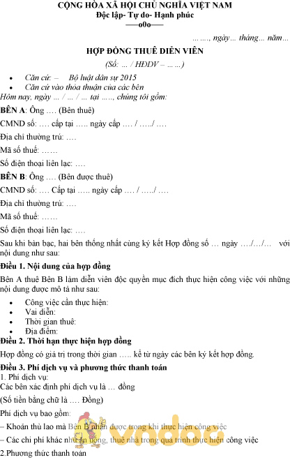 Mẫu hợp đồng thuê diễn viên