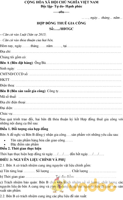Mẫu hợp đồng thuê gia công