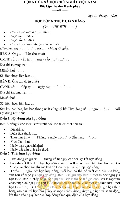 Mẫu hợp đồng thuê gian hàng