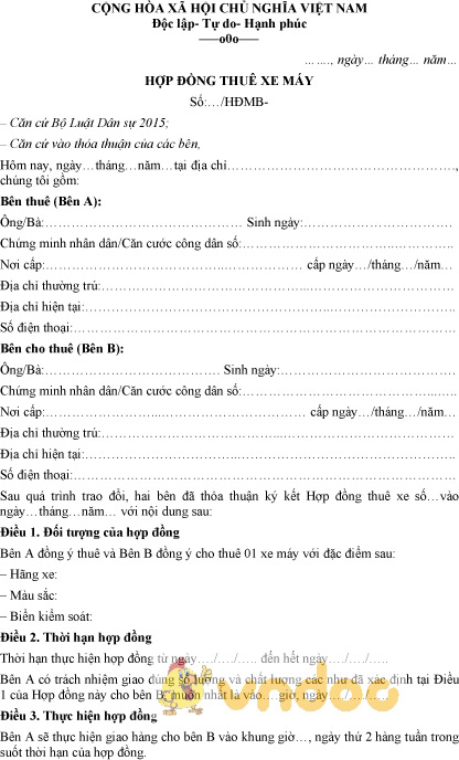 Mẫu hợp đồng thuê xe máy