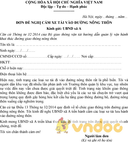 Mẫu đơn đề nghị cấm xe tải vào đường nông thôn