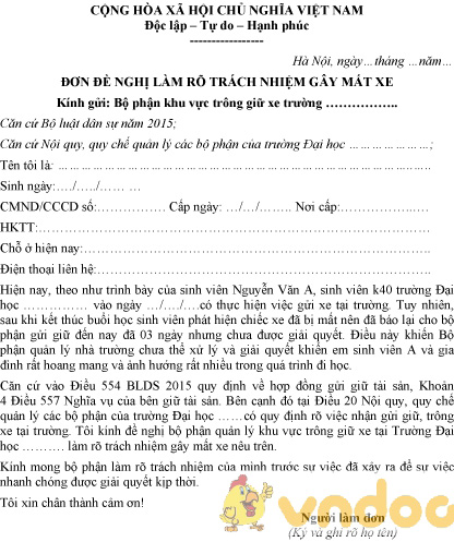 Mẫu đơn đề nghị làm rõ trách nhiệm gây mất xe