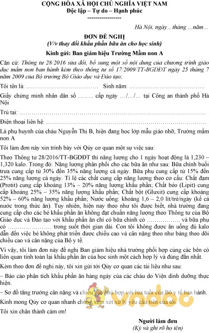 Mẫu đơn đề nghị thay đổi khẩu phần ăn cho học sinh