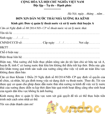 Mẫu đơn xin dẫn nước thải nhà xưởng ra kênh