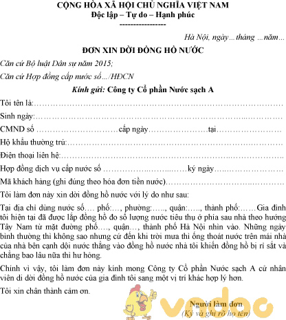 Mẫu đơn xin dời đồng hồ nước