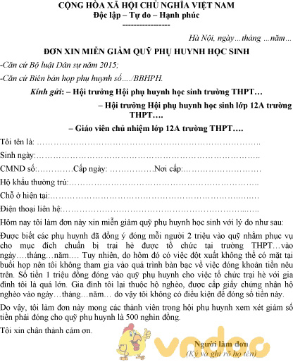 Mẫu đơn xin miễn giảm quỹ phụ huynh học sinh