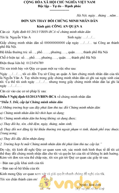 Mẫu đơn xin thay đổi giấy chứng minh nhân dân