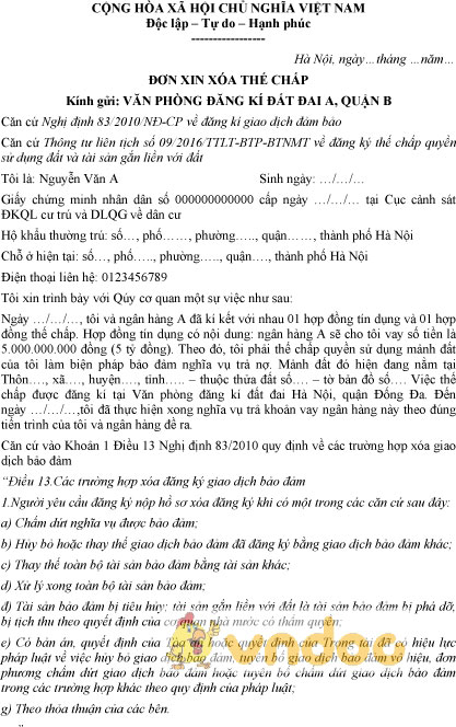 Mẫu đơn xin xóa thế chấp