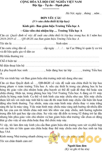 Mẫu đơn yêu cầu sửa chữa thiết bị lớp học