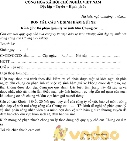 Mẫu đơn yêu cầu vệ sinh hầm gửi xe