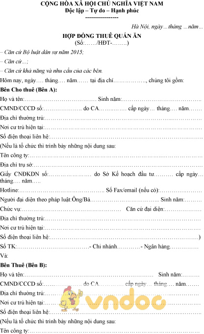 Mẫu hợp đồng thuê quán ăn