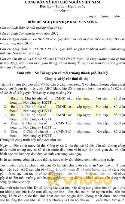 Mẫu đơn đề nghị dọn dẹp vệ sinh ven sông