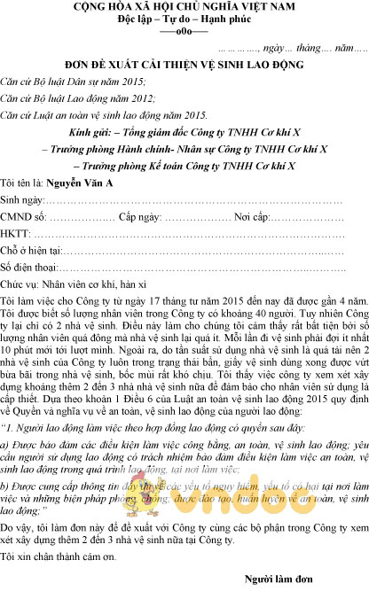 Mẫu đơn đề xuất cải thiện vệ sinh lao động